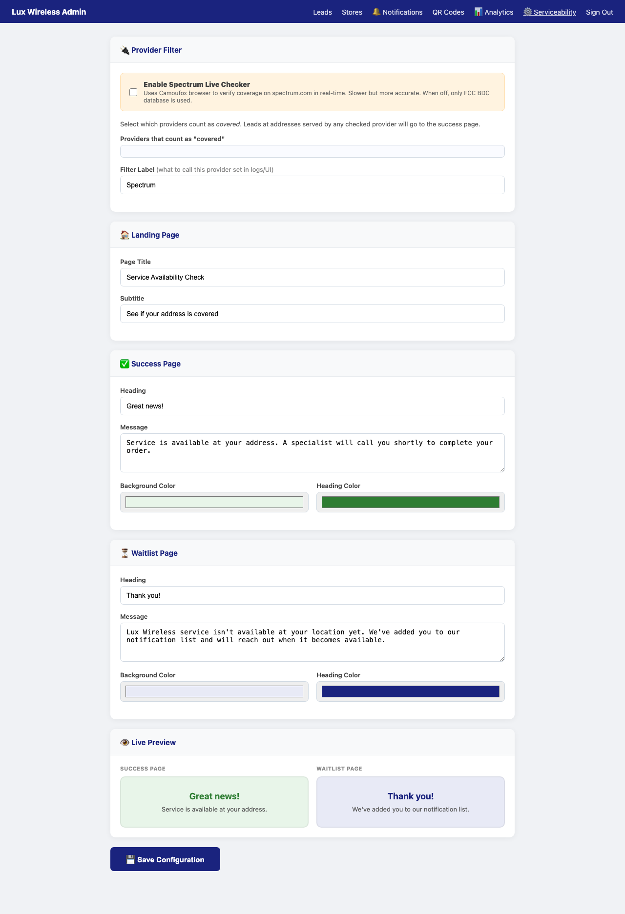 Serviceability Config